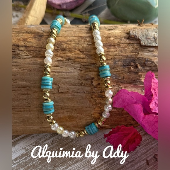 Blue and white pearls beaded/colorful necklace mother of pearl shell